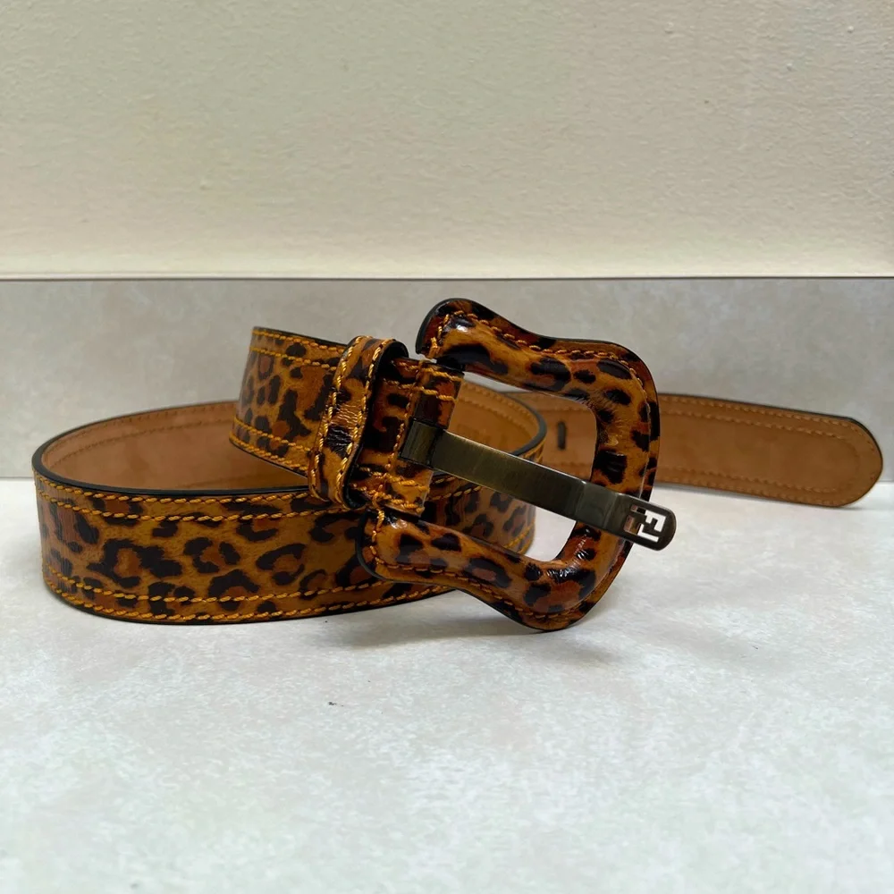 Fendi Wide Leopard Print Leather Belt Size 80/32 - Picture 4 of 13